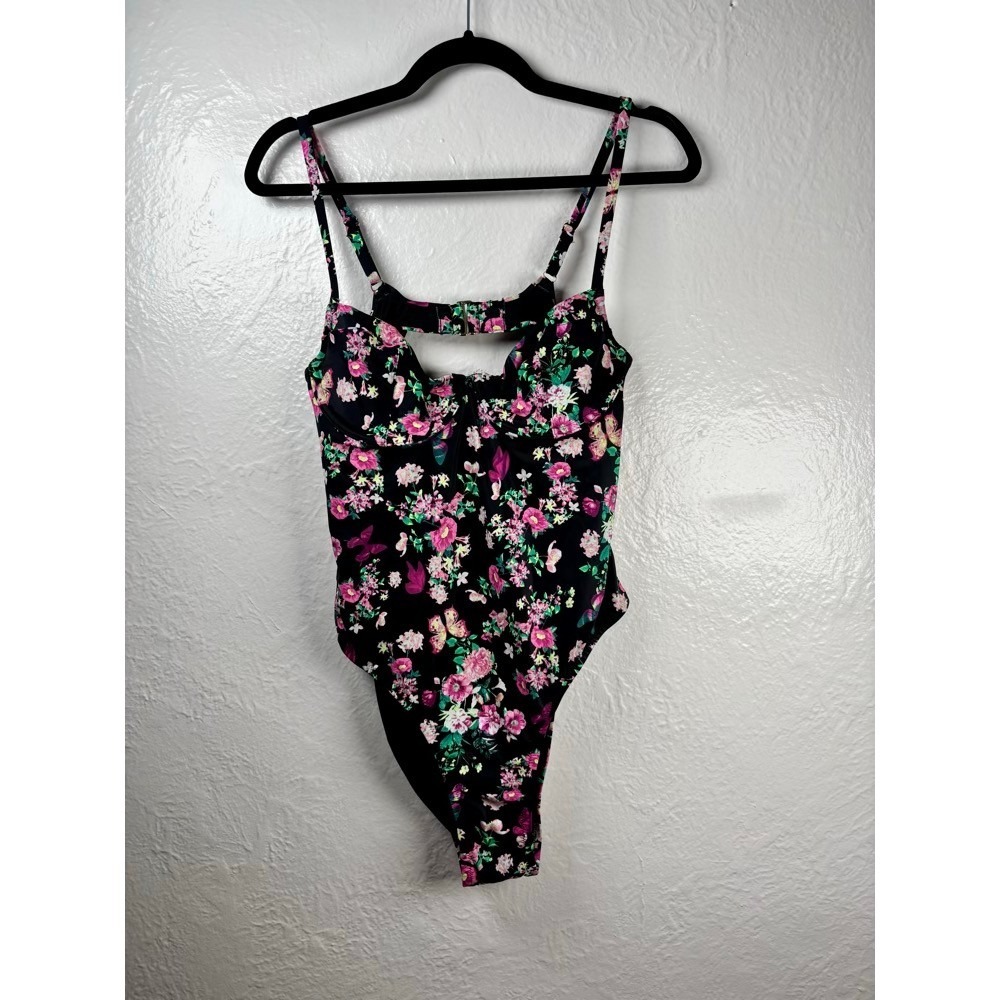 Victoria's Secret One Piece Swimsuit Womens Large Black Floral Underwire Cutout